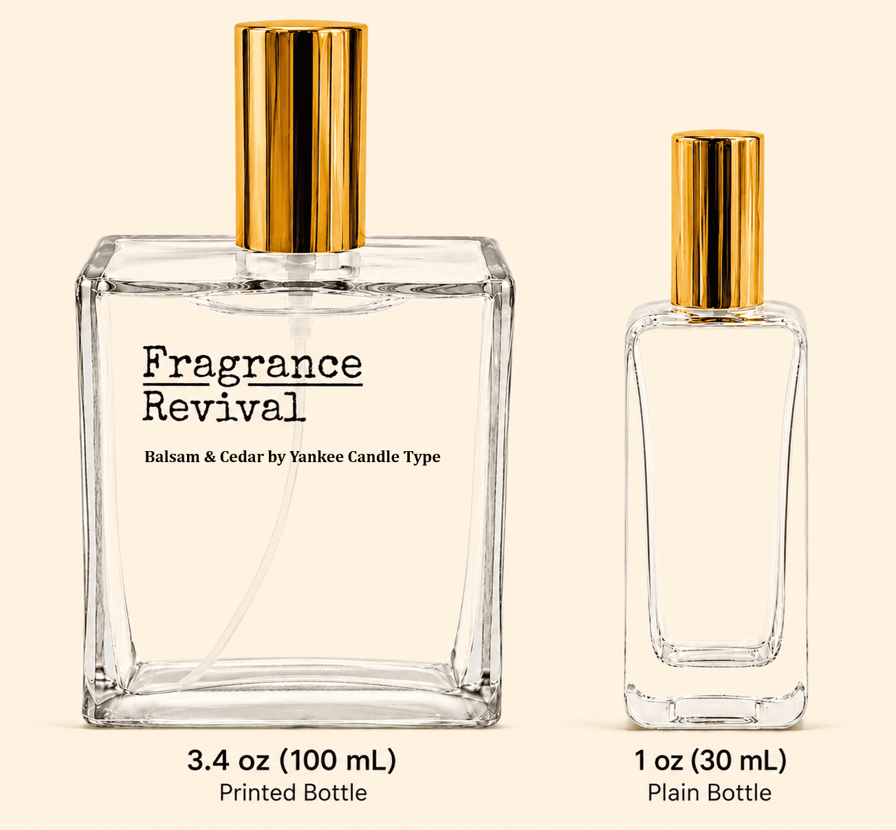 balsamcedaryctype Balsam Cedar by Yankee Candle Type Fragrance Revival Fragrance Revival perfume display: a large printed bottle labeled Fragrance Revival, Balsam & Cedar by Yankee Candle Type, with a smaller clear bottle nearby.