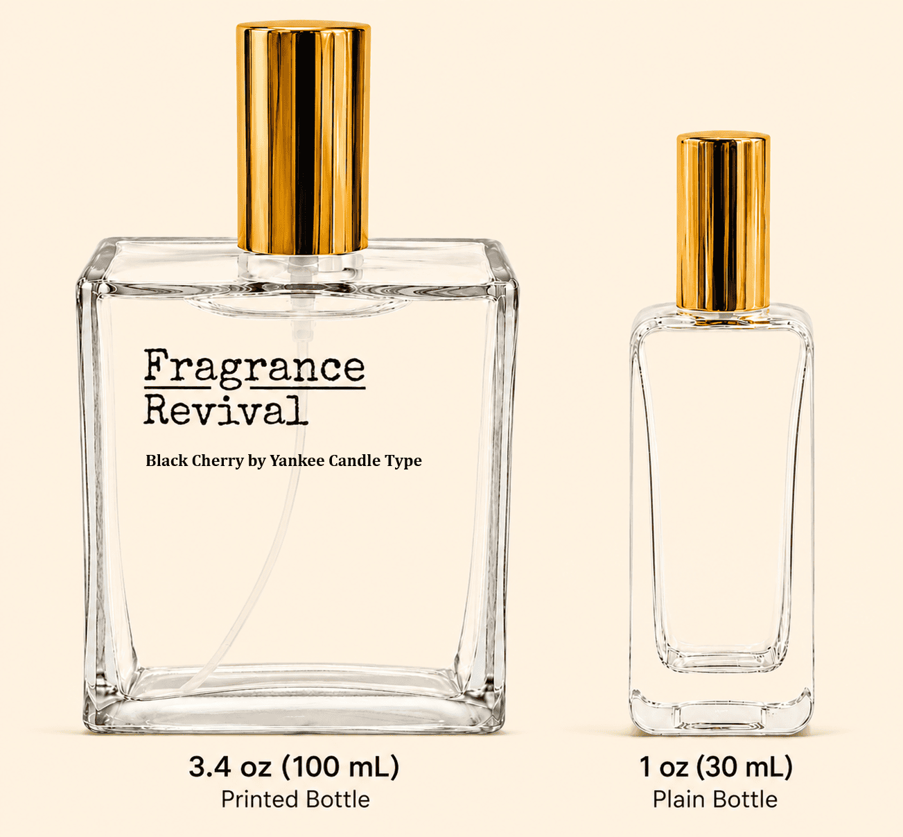 blackcherryyctype Black Cherry by Yankee Candle Type Fragrance Revival Two clear perfume bottles with gold caps on a beige background; left bottle reads 'Fragrance Revival: Black Cherry by Yankee Candle Type', 3.4 oz (100 mL) printed bottle; right bottle is 1 oz (30 mL) plain bottle with gold cap.