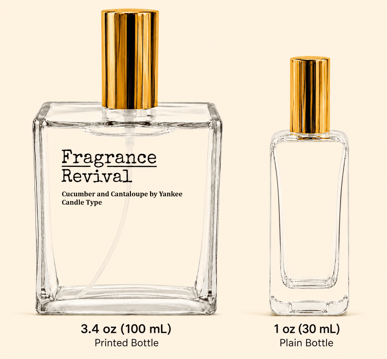 cucumberandcantaloupeyctype Cucumber and Cantaloupe by Yankee Candle Type Fragrance Revival Two clear perfume bottles with gold caps against a pale beige background; the larger bottle on the left has printed label reading 'Fragrance Revival: Cucumber and Cantaloupe by Yankee Candle Type', the smaller bottle on the right is plain. The bottom captions show 3.4 oz (100 mL) printed bottle and 1 oz (30 mL) plain bottle.