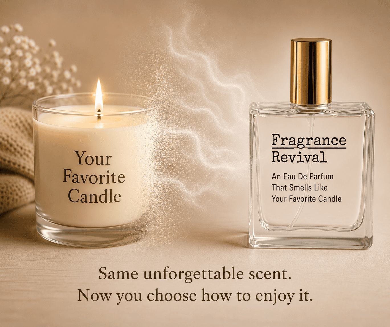 Facebookready Apple Cider by Yankee Candle Type Fragrance Revival Lit candle labeled 'Your Favorite Candle' beside a glass bottle of 'Fragrance Revival' perfume with mist between them.