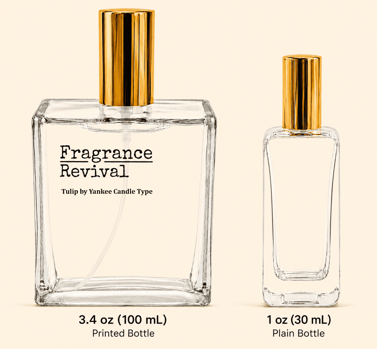 Two clear perfume bottles with gold caps display the product title 'Fragrance Revival: Tulip by Yankee Candle Type' and size options (3.4 oz printed bottle and 1 oz plain bottle).